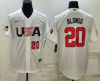 Mens USA Baseball #20 Pete Alonso Number 2023 White World Baseball Classic Stitched Jersey